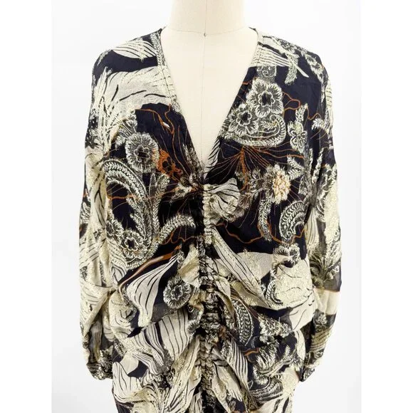 Ranna Gill Anthropologie Ruched Black Gold Brocade Midi Dress M - Picture 3 of 11